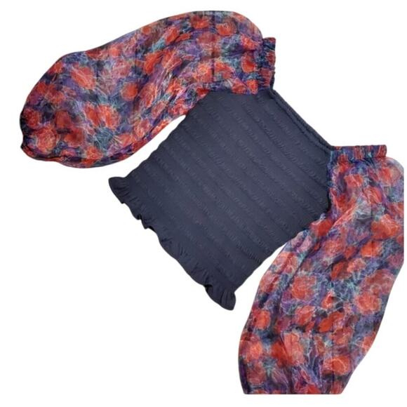 Calligraphie Sheer Floral Puff Sleeve Smocked Top S - Picture 2 of 10